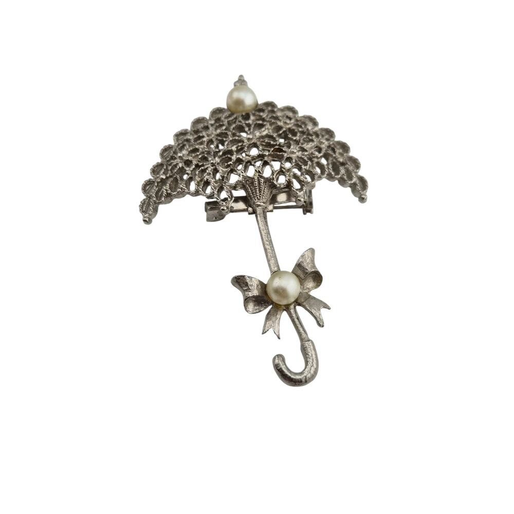 Vintage Umbrella Brooch Faux Pearl Figural Silver Tone Pin